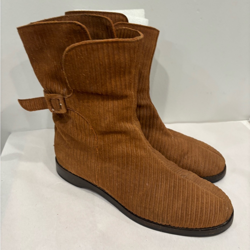 Jimmy Choo Textured Suede Leather Faux Fur Lined Chestnut Moto Bootie 37 Boots